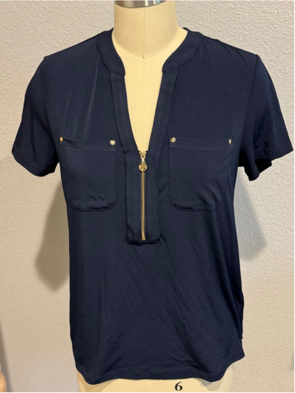 Women's Anne Klein Navy Short Sleeve Tee with Gold Zipper - Size S